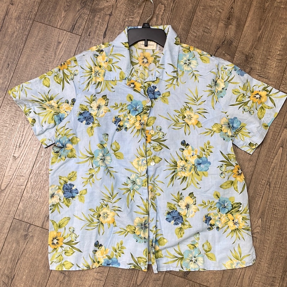 Lemon Grass Vintage Linen/Cotton blend Y2k, Floral Shirt XL
